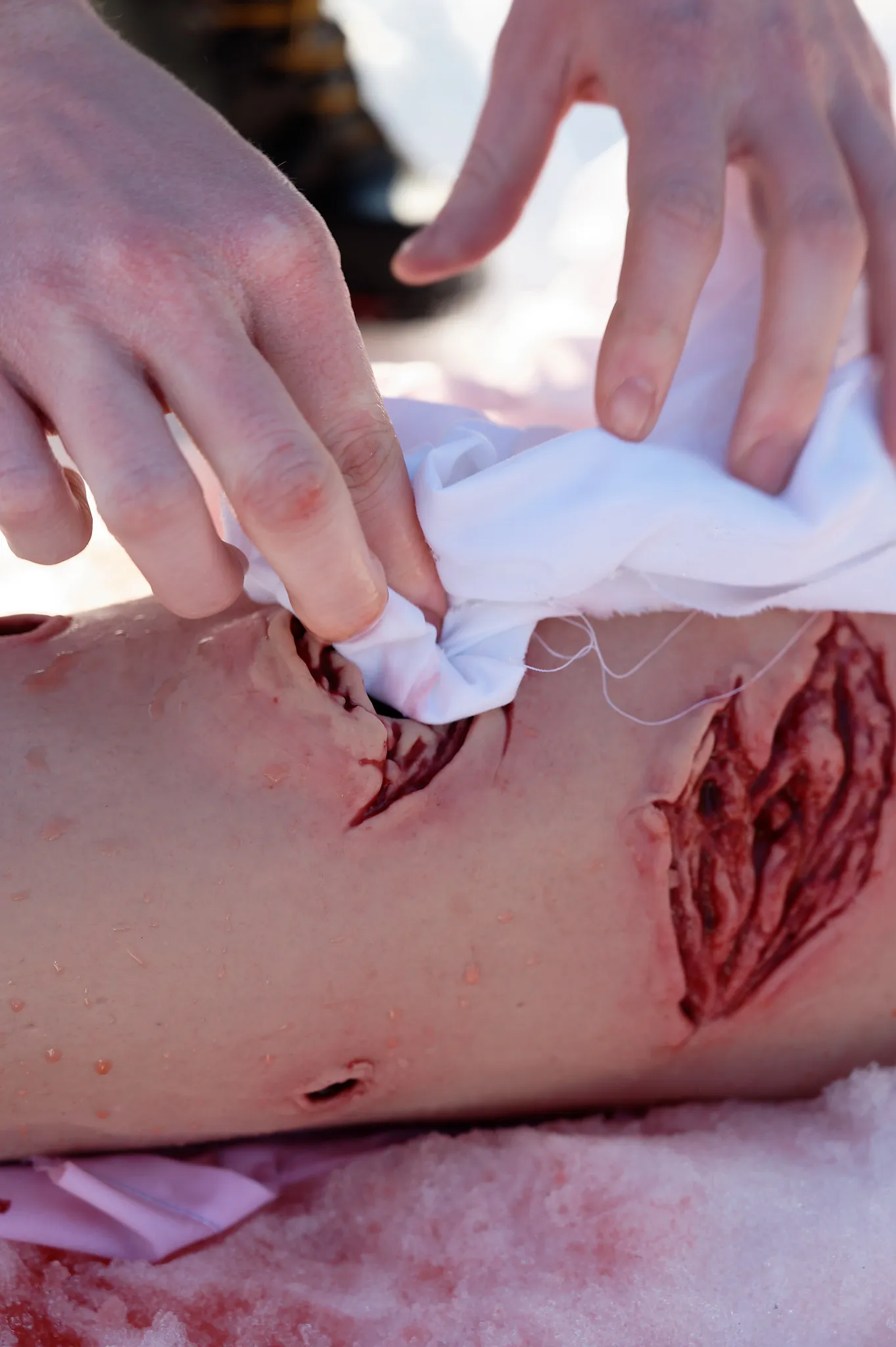 From practising the packing of large bleeding wounds.