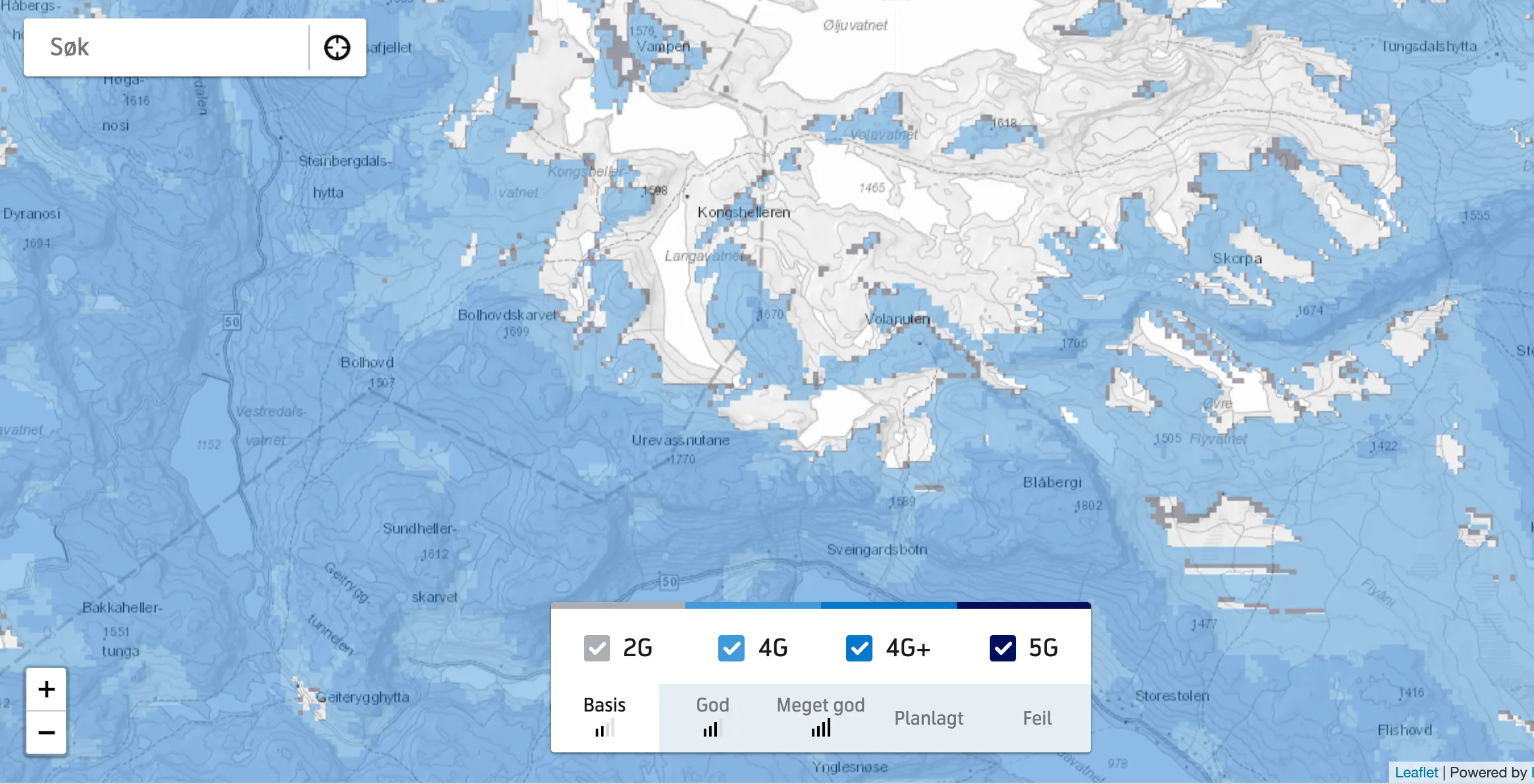 Dekningskart Telenor viser god dekning nær vei, lite dekning lenger inn i fjellet.