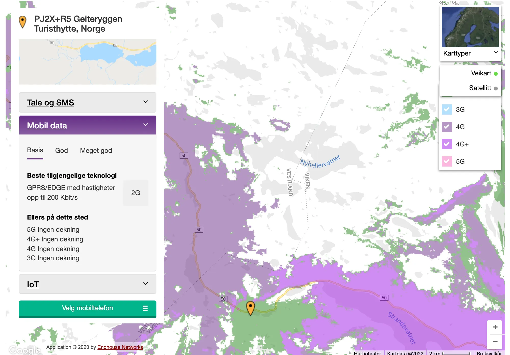 Dekningskart Telia, viser god dekning nær vei, lite dekning lenger inn i fjellet.