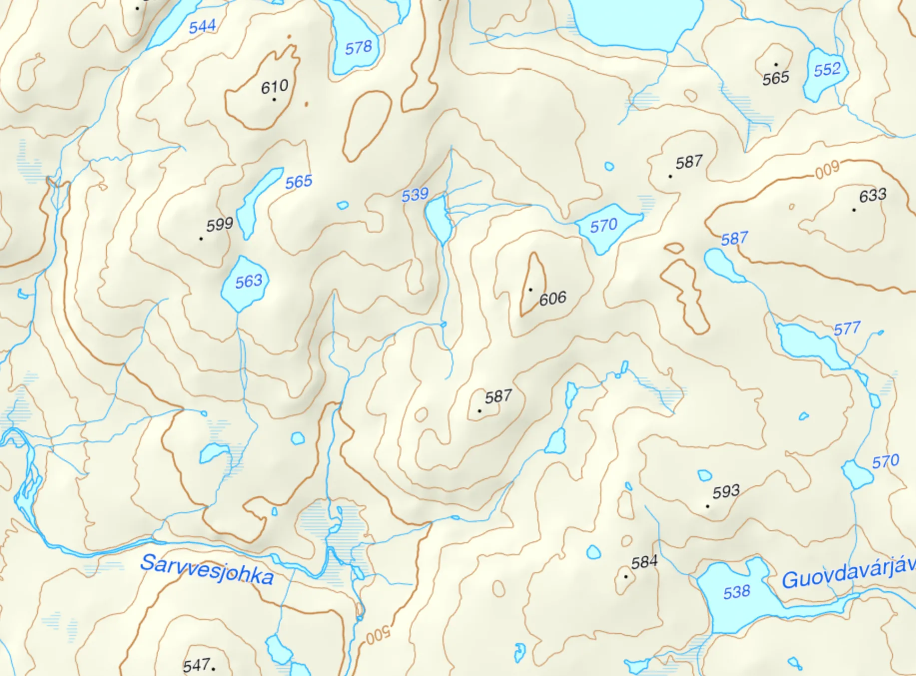Høydekurver med 100-meters-strek markert.