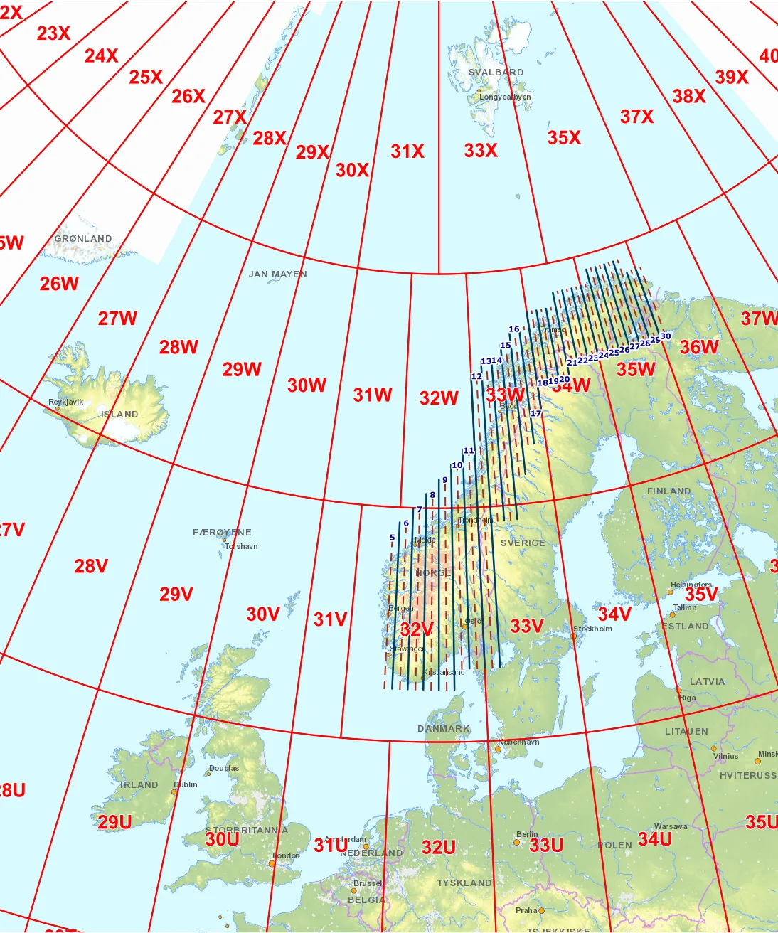 Oversikt over sonebeltene i Norge. Sør-Norge opp til Trondheim dekkes av sonebeltet 32V.