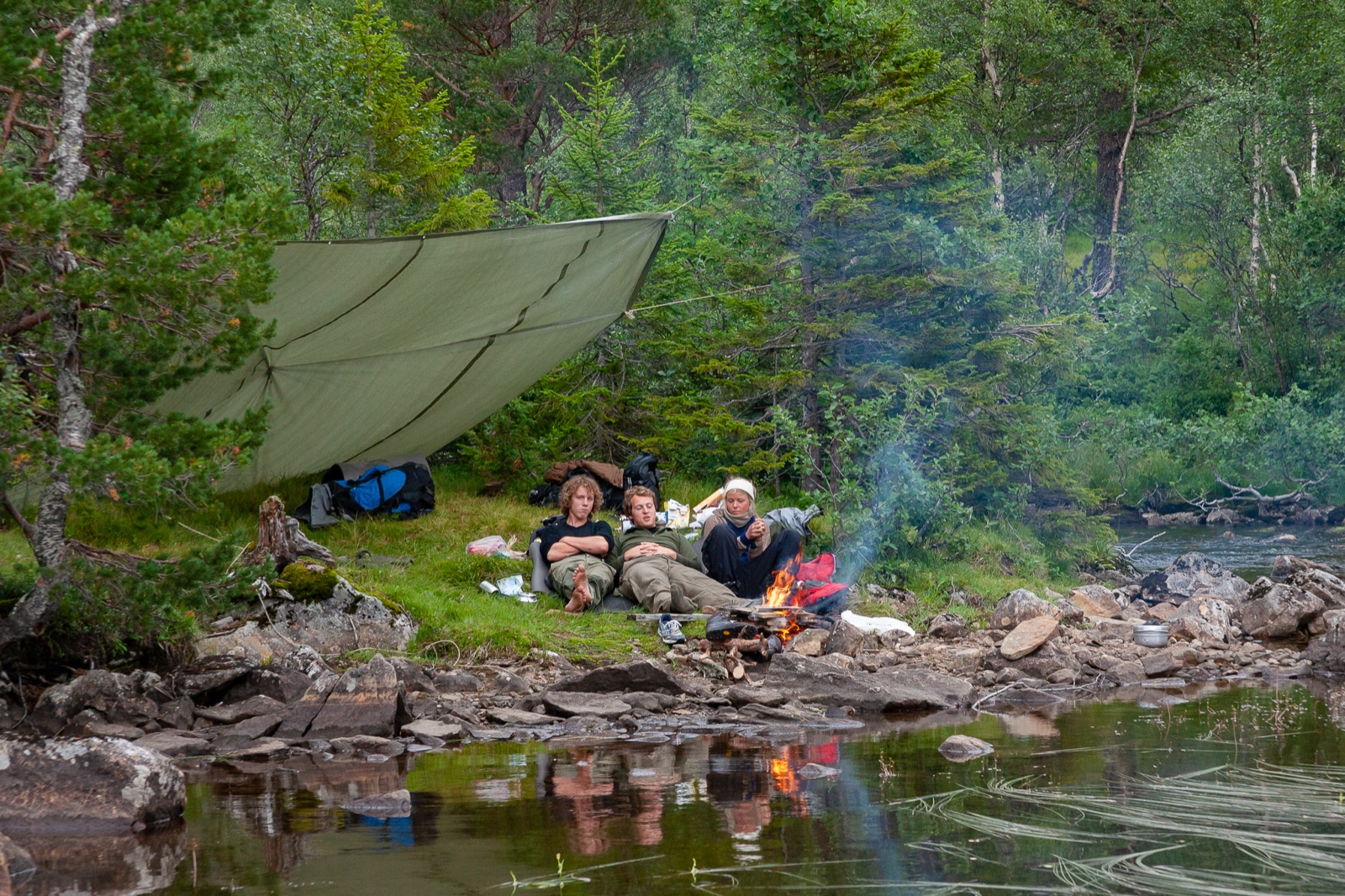 Tarp pitched as an A-frame shelter in a pine forest