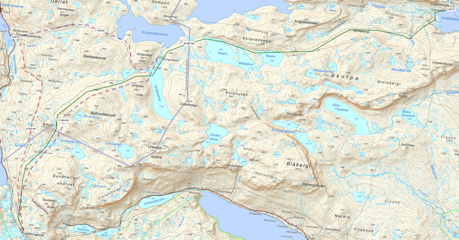 Example of route choices on a hike — a map with planned routes marked