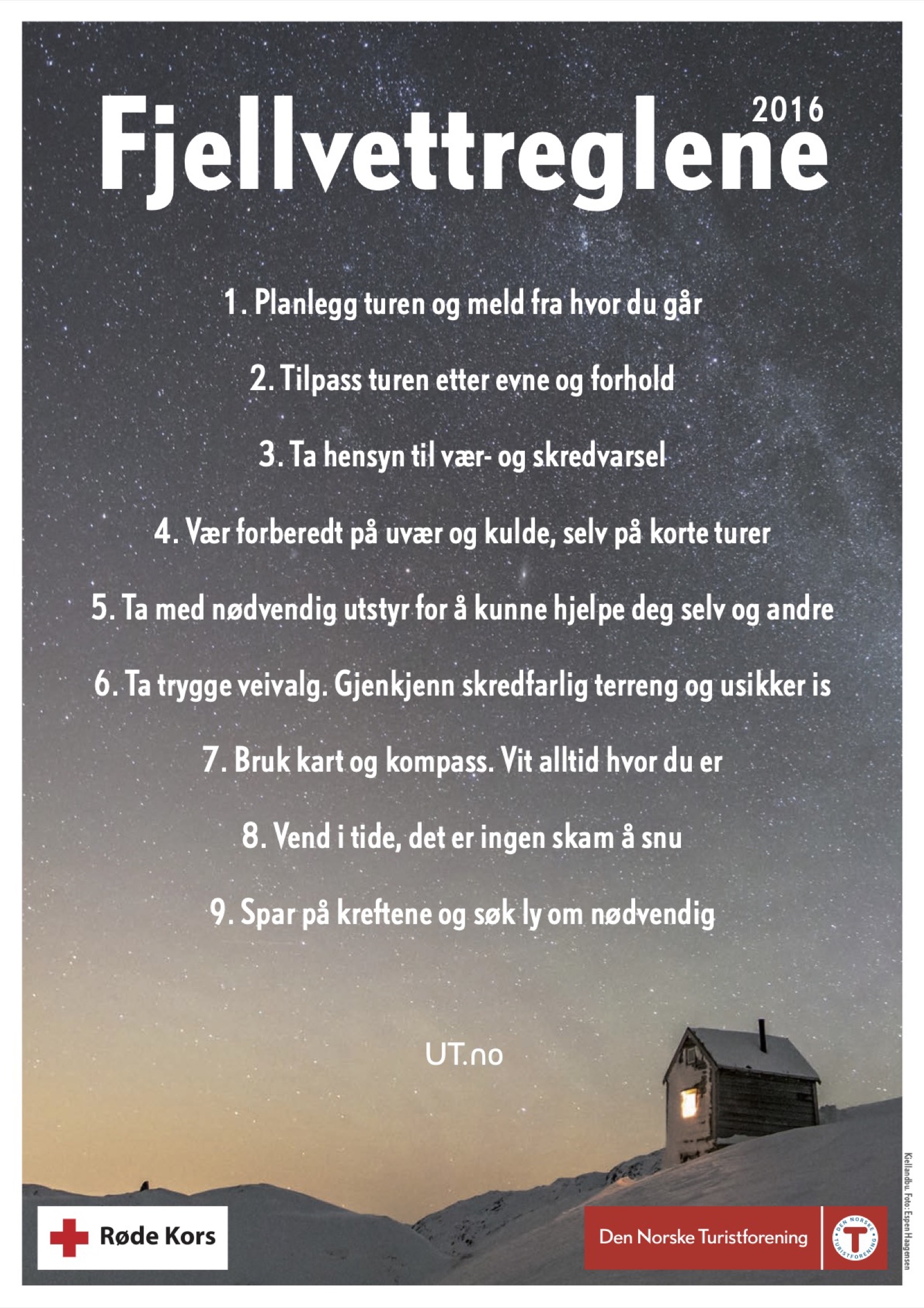 Fjellvettreglene — DNT's poster with nine rules for a safe mountain trip